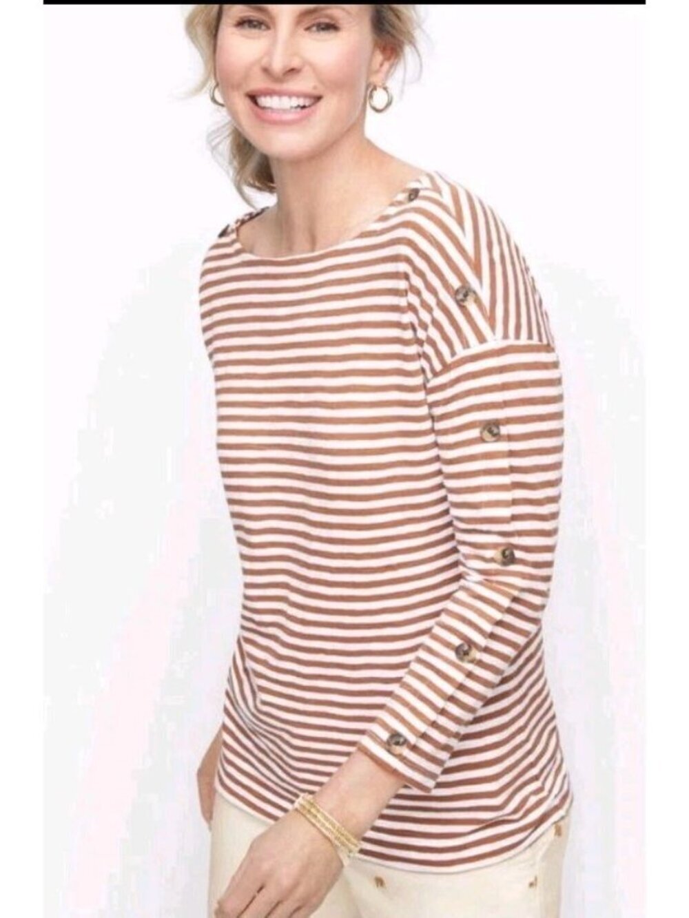Talbots XLP Petite Top Breton Bateau Kalahari Stripe Buttons Bown White